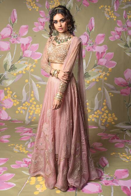 Show Shaa_Pink Lehenga Satin Organza Blouse And Dupatta Net Evening Blush Bridal Set_Online_at_Aza_Fashions