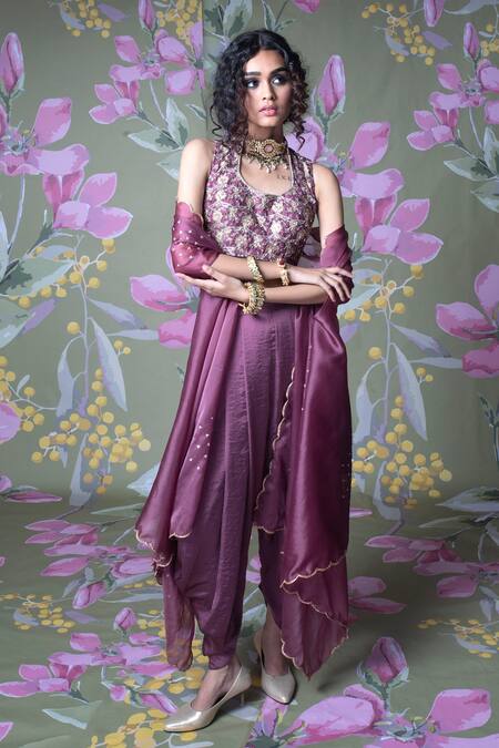 Shop Show Shaa Purple Organza, Hammered Satin, Sitara Dhoti Pant Set With Blouse Online at Aza Fashions Shop_Show Shaa_Purple Organza, Hammered Satin, Sitara Dhoti Pant Set With Blouse _Online_at_Aza_Fashions