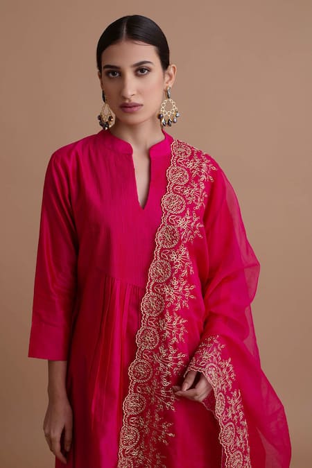 Shop_Sureena Chowdhri_Pink Silk Chanderi Thread Notched Kurta Palazzo Set _at_Aza_Fashions