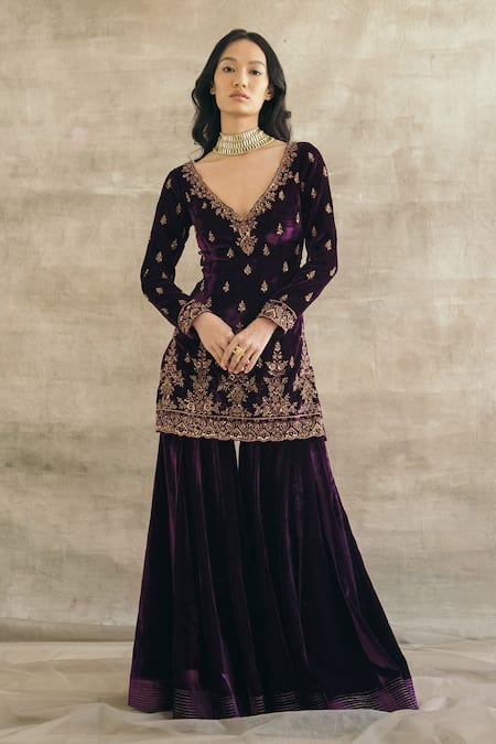 Shop_Sureena Chowdhri_Purple Silk Velvet Sequin, Thread And Beads V Neck Kurta Gharara Set _at_Aza_Fashions