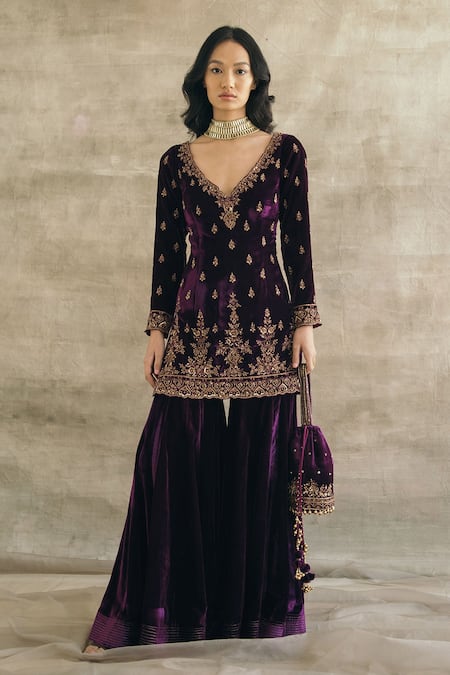 Sureena Chowdhri_Purple Silk Velvet Sequin, Thread And Beads V Neck Kurta Gharara Set _Online_at_Aza_Fashions