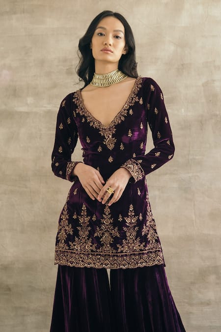 Buy_Sureena Chowdhri_Purple Silk Velvet Sequin, Thread And Beads V Neck Kurta Gharara Set _Online_at_Aza_Fashions