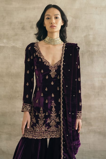 Shop_Sureena Chowdhri_Purple Silk Velvet Sequin, Thread And Beads V Neck Kurta Gharara Set _Online_at_Aza_Fashions