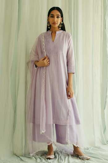 Buy Sureena Chowdhri Purple Silk Chanderi Embroidered Pintucks V Neck Bead Work Kurta Set at Aza Fashions Buy_Sureena Chowdhri_Purple Silk Chanderi Embroidered Pintucks V Neck Bead Work Kurta Set_at_Aza_Fashions