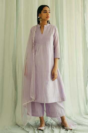 Shop Sureena Chowdhri Purple Silk Chanderi Embroidered Pintucks V Neck Bead Work Kurta Set at Aza Fashions Shop_Sureena Chowdhri_Purple Silk Chanderi Embroidered Pintucks V Neck Bead Work Kurta Set_at_Aza_Fashions