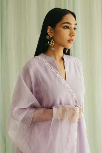 Shop Sureena Chowdhri Purple Silk Chanderi Embroidered Pintucks V Neck Bead Work Kurta Set Online at Aza Fashions Shop_Sureena Chowdhri_Purple Silk Chanderi Embroidered Pintucks V Neck Bead Work Kurta Set_Online_at_Aza_Fashions