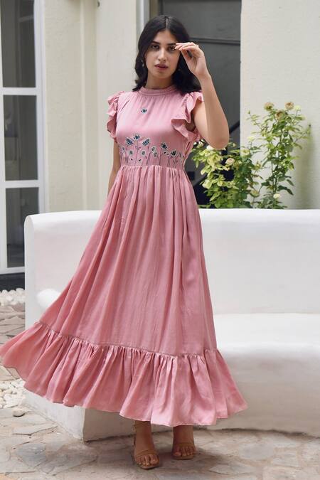 Taro_Pink Modal Silk Floral Motifs Pleated Collar Two Tier Dress _Online_at_Aza_Fashions