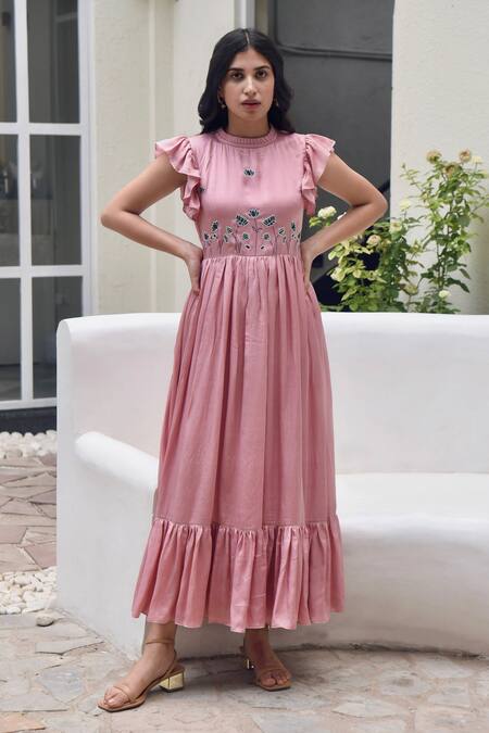 Buy_Taro_Pink Modal Silk Floral Motifs Pleated Collar Two Tier Dress _Online_at_Aza_Fashions