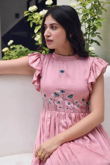 Taro_Pink Modal Silk Floral Motifs Pleated Collar Two Tier Dress _at_Aza_Fashions