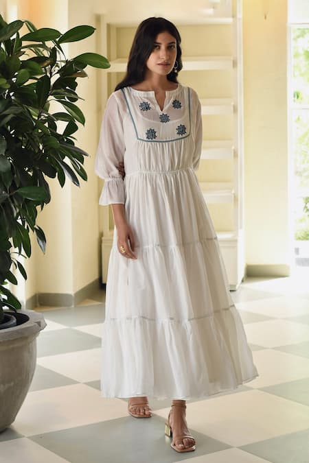 ワンピース Herlipto Leaf Lace Motif Tiered Dress Leaf Lace Motif Tiered Dress white