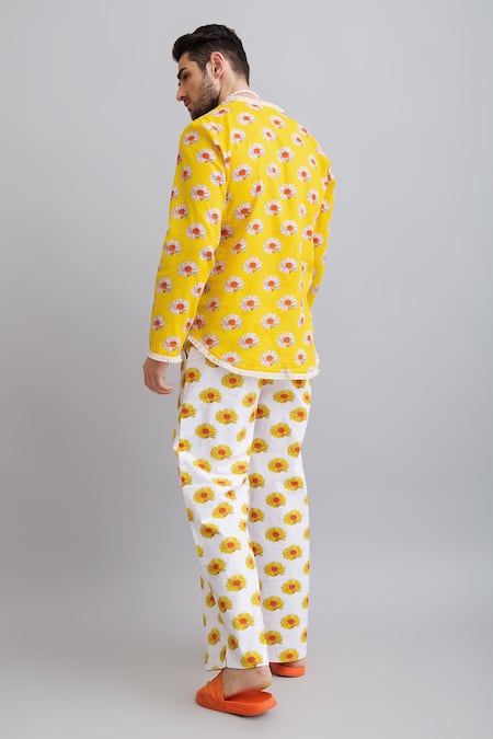 Shop_Nautanky_Yellow 100% Fine Cotton Daisy Print Shirt And Trouser Set _at_Aza_Fashions