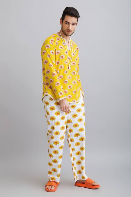Nautanky_Yellow 100% Fine Cotton Daisy Print Shirt And Trouser Set _Online_at_Aza_Fashions