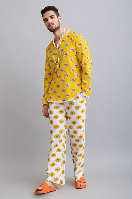 Buy_Nautanky_Yellow 100% Fine Cotton Daisy Print Shirt And Trouser Set _Online_at_Aza_Fashions