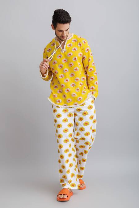 Shop_Nautanky_Yellow 100% Fine Cotton Daisy Print Shirt And Trouser Set _Online_at_Aza_Fashions