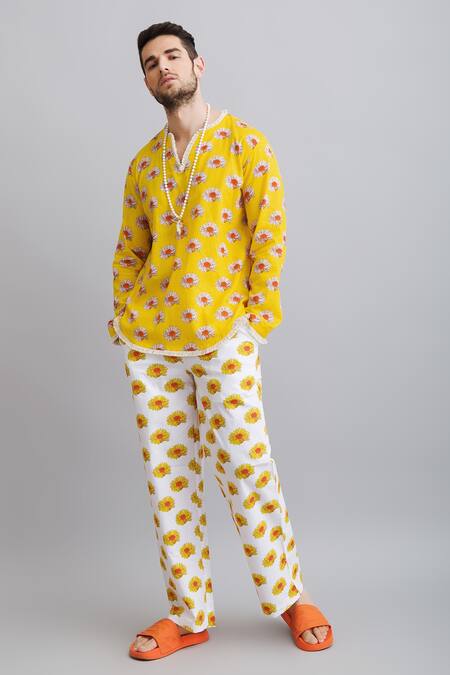 Nautanky_Yellow 100% Fine Cotton Daisy Print Shirt And Trouser Set _at_Aza_Fashions