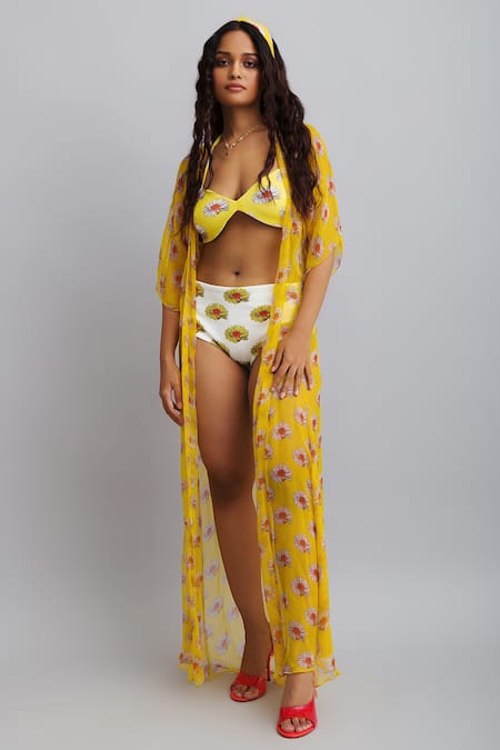 Buy_Nautanky_White Bikini-neoprene, Pullover-viscose Chiffon Daisy Print Bikini Set With _Online_at_Aza_Fashions