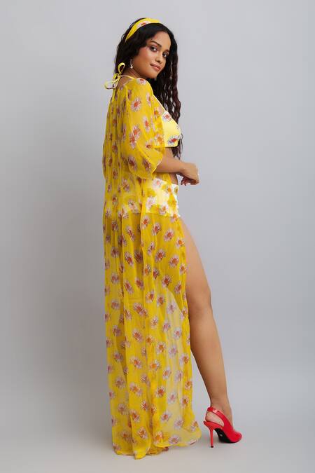 Shop_Nautanky_White Bikini-neoprene, Pullover-viscose Chiffon Daisy Print Bikini Set With _Online_at_Aza_Fashions