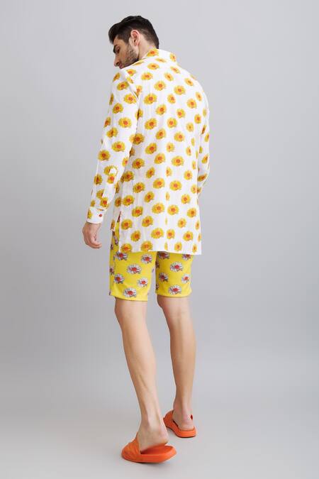 Shop_Nautanky_White Shirt-100% Fine Cotton, Shorts-neoprene Daisy Print Shirt And Shorts Set _at_Aza_Fashions