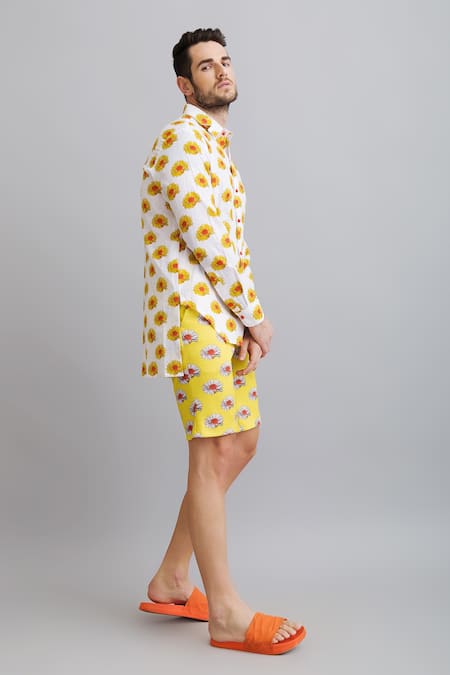 Nautanky_White Shirt-100% Fine Cotton, Shorts-neoprene Daisy Print Shirt And Shorts Set _Online_at_Aza_Fashions