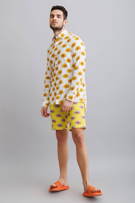 Buy_Nautanky_White Shirt-100% Fine Cotton, Shorts-neoprene Daisy Print Shirt And Shorts Set _Online_at_Aza_Fashions