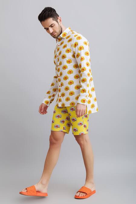 Shop_Nautanky_White Shirt-100% Fine Cotton, Shorts-neoprene Daisy Print Shirt And Shorts Set _Online_at_Aza_Fashions
