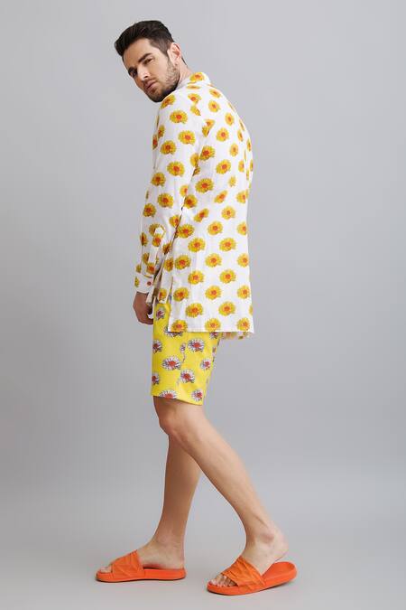 Nautanky_White Shirt-100% Fine Cotton, Shorts-neoprene Daisy Print Shirt And Shorts Set _at_Aza_Fashions