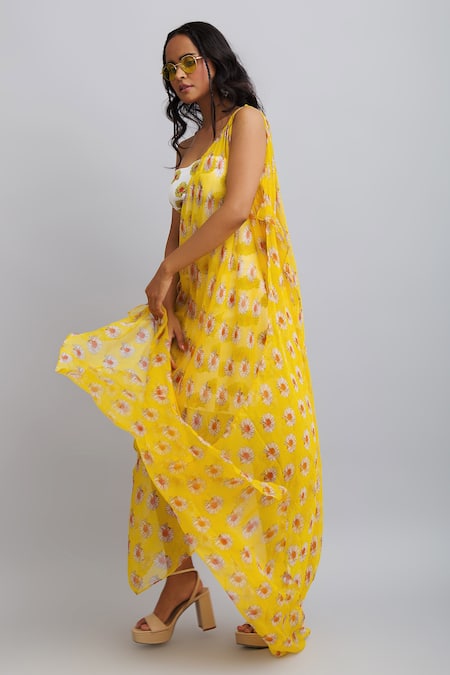 Nautanky_White Drape-chiffon, Dress-neoprene Daisy Dress Print Tube With Drape _Online_at_Aza_Fashions