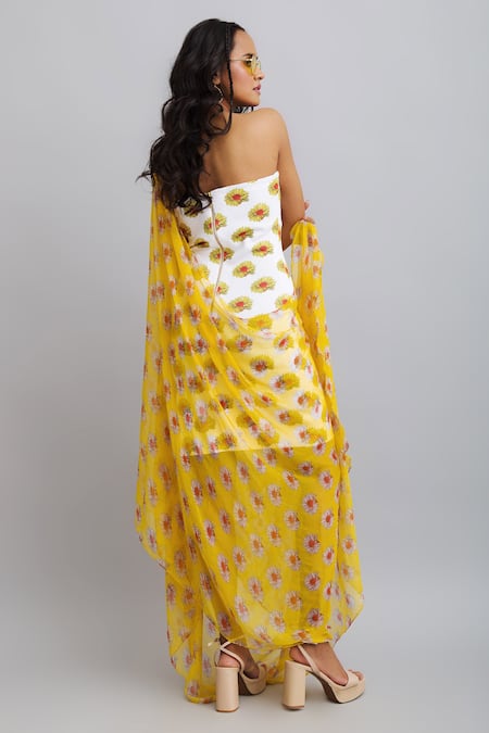 Buy_Nautanky_White Drape-chiffon, Dress-neoprene Daisy Dress Print Tube With Drape _Online_at_Aza_Fashions