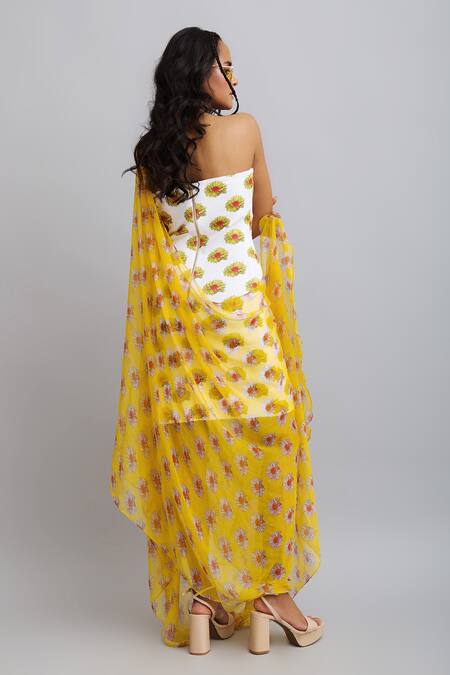 Nautanky_White Drape-chiffon, Dress-neoprene Daisy Dress Print Tube With Drape _at_Aza_Fashions