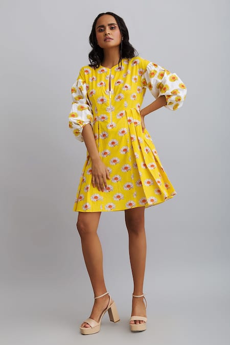 Nautanky Daisy Print Puff Sleeve Dress 