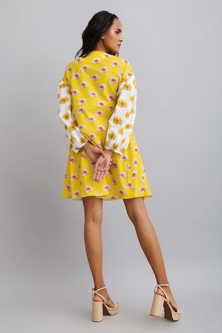 Nautanky Daisy Print Puff Sleeve Dress 