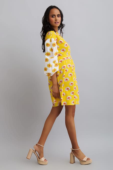 Nautanky_Yellow 100% Fine Cotton Daisy Round Print Puff Sleeve Dress _Online_at_Aza_Fashions