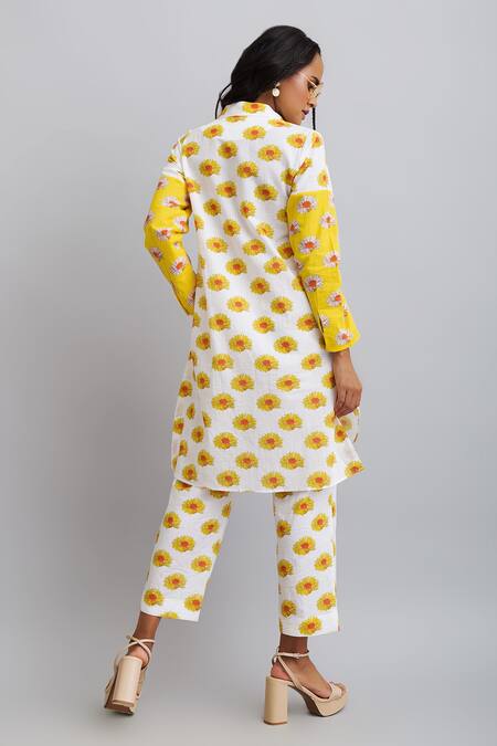Shop_Nautanky_White 100% Fine Cotton Daisy Shirt Collar Print Tunic And Pant Set _at_Aza_Fashions
