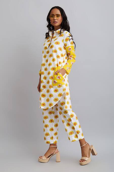 Buy_Nautanky_White 100% Fine Cotton Daisy Shirt Collar Print Tunic And Pant Set _Online_at_Aza_Fashions