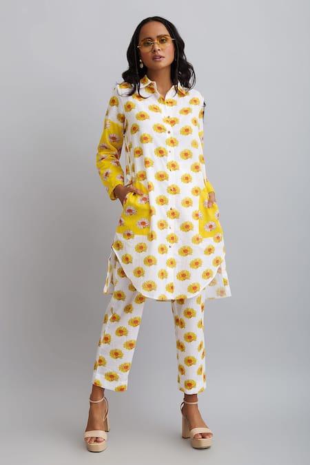 Shop_Nautanky_White 100% Fine Cotton Daisy Shirt Collar Print Tunic And Pant Set _Online_at_Aza_Fashions