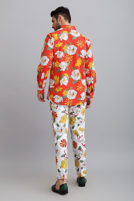 Shop_Nautanky_Red Shirt-100% Fine Cotton, Trouser-neoprene Firangipani Shirt And Trouser Set _at_Aza_Fashions
