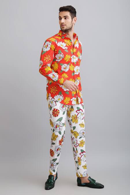 Nautanky_Red Shirt-100% Fine Cotton, Trouser-neoprene Firangipani Shirt And Trouser Set _Online_at_Aza_Fashions