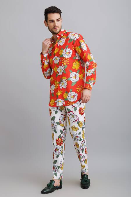 Buy_Nautanky_Red Shirt-100% Fine Cotton, Trouser-neoprene Firangipani Shirt And Trouser Set _Online_at_Aza_Fashions