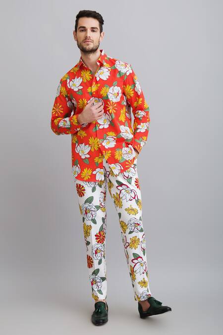 Shop_Nautanky_Red Shirt-100% Fine Cotton, Trouser-neoprene Firangipani Shirt And Trouser Set _Online_at_Aza_Fashions