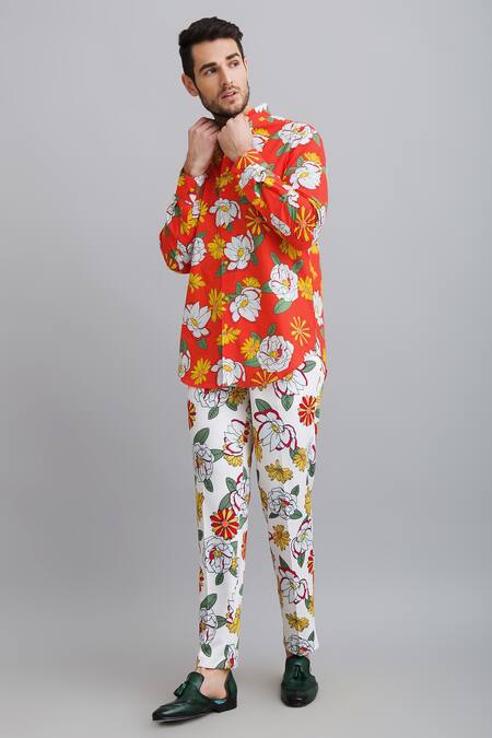 Nautanky_Red Shirt-100% Fine Cotton, Trouser-neoprene Firangipani Shirt And Trouser Set _at_Aza_Fashions