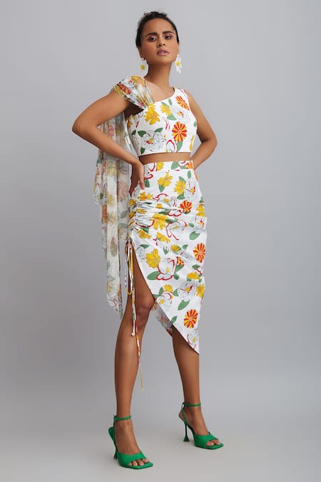 Nautanky_White Net And Skirt 100% , Top 100% Firangipani Set _Online_at_Aza_Fashions