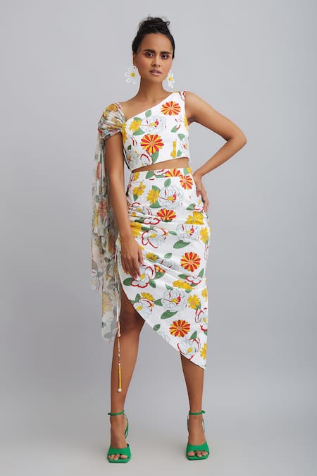 Shop_Nautanky_White Net And Skirt 100% , Top 100% Firangipani Set _Online_at_Aza_Fashions