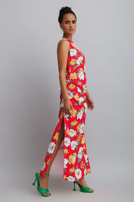 Nautanky_Red Neoprene Firangipani Print, Hibiscus Round Dress _Online_at_Aza_Fashions