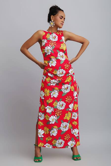 Buy_Nautanky_Red Neoprene Firangipani Print, Hibiscus Round Dress _Online_at_Aza_Fashions