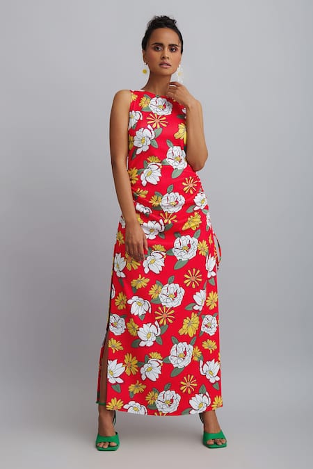 Shop_Nautanky_Red Neoprene Firangipani Print, Hibiscus Round Dress _Online_at_Aza_Fashions