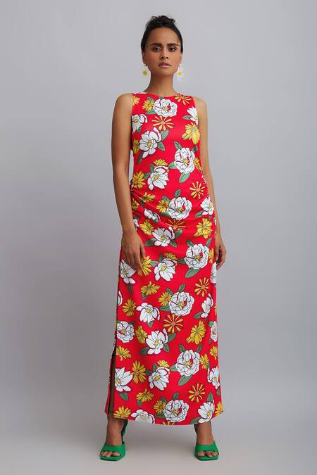 Nautanky_Red Neoprene Firangipani Print, Hibiscus Round Dress _at_Aza_Fashions