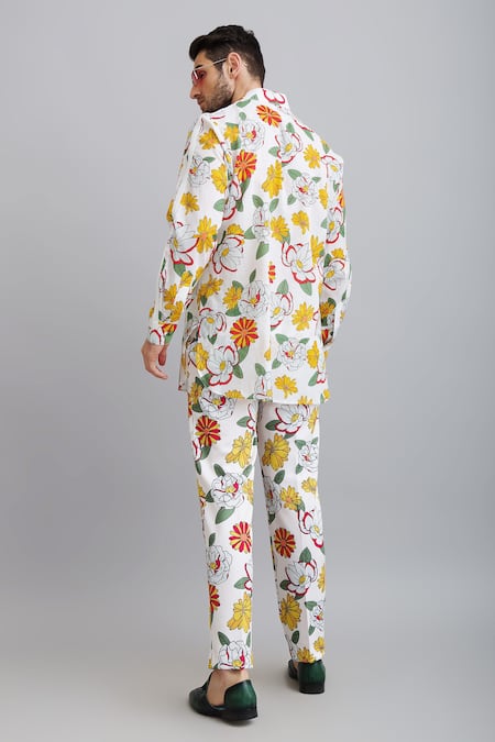 Shop_Nautanky_White Shirt-100% Fine Cotton, Trouser-neoprene Firangipani Shirt And Trouser Set _at_Aza_Fashions