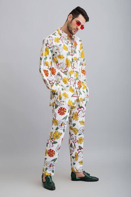 Nautanky_White Shirt-100% Fine Cotton, Trouser-neoprene Firangipani Shirt And Trouser Set _Online_at_Aza_Fashions