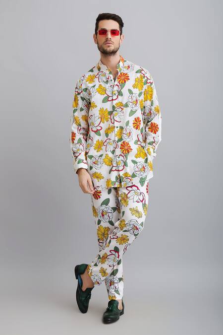 Buy_Nautanky_White Shirt-100% Fine Cotton, Trouser-neoprene Firangipani Shirt And Trouser Set _Online_at_Aza_Fashions