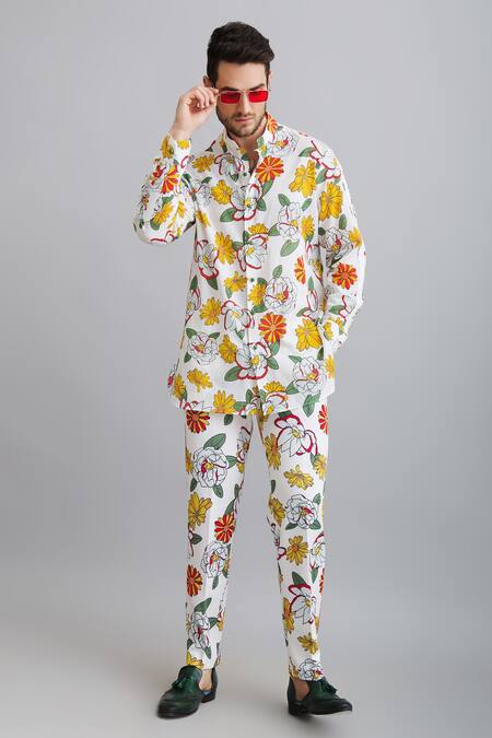 Shop_Nautanky_White Shirt-100% Fine Cotton, Trouser-neoprene Firangipani Shirt And Trouser Set _Online_at_Aza_Fashions